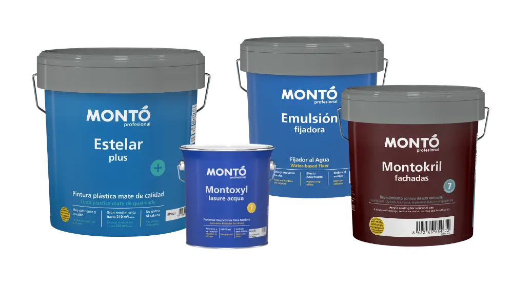 Composición de envases de pinturas Montó Estelar Plus, Montokril, Montoxyl Lasure Acqua y Emulsión Fijadora en oferta en Cuba.